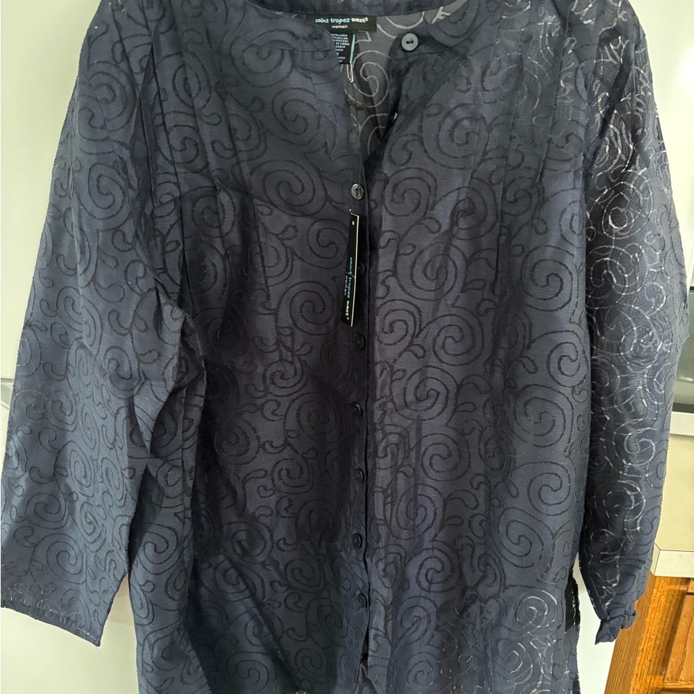 Navy blue Sheer Button-Up Blouse